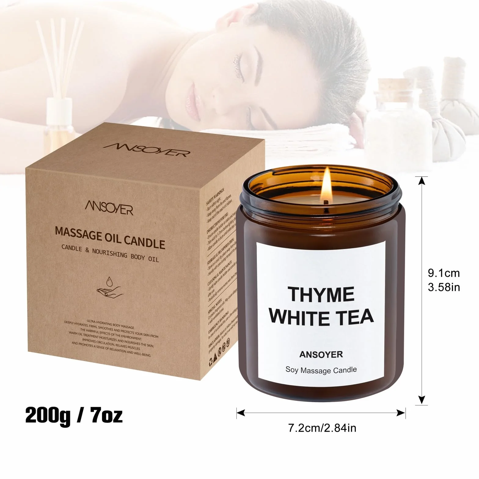Candela da massaggio 200 g I Candela rilassante I Realizzata con olio di cocco + olio di soia I Candele da massaggio | Idratante e nutriente per la Spa domestica (Timo Tè bianco)