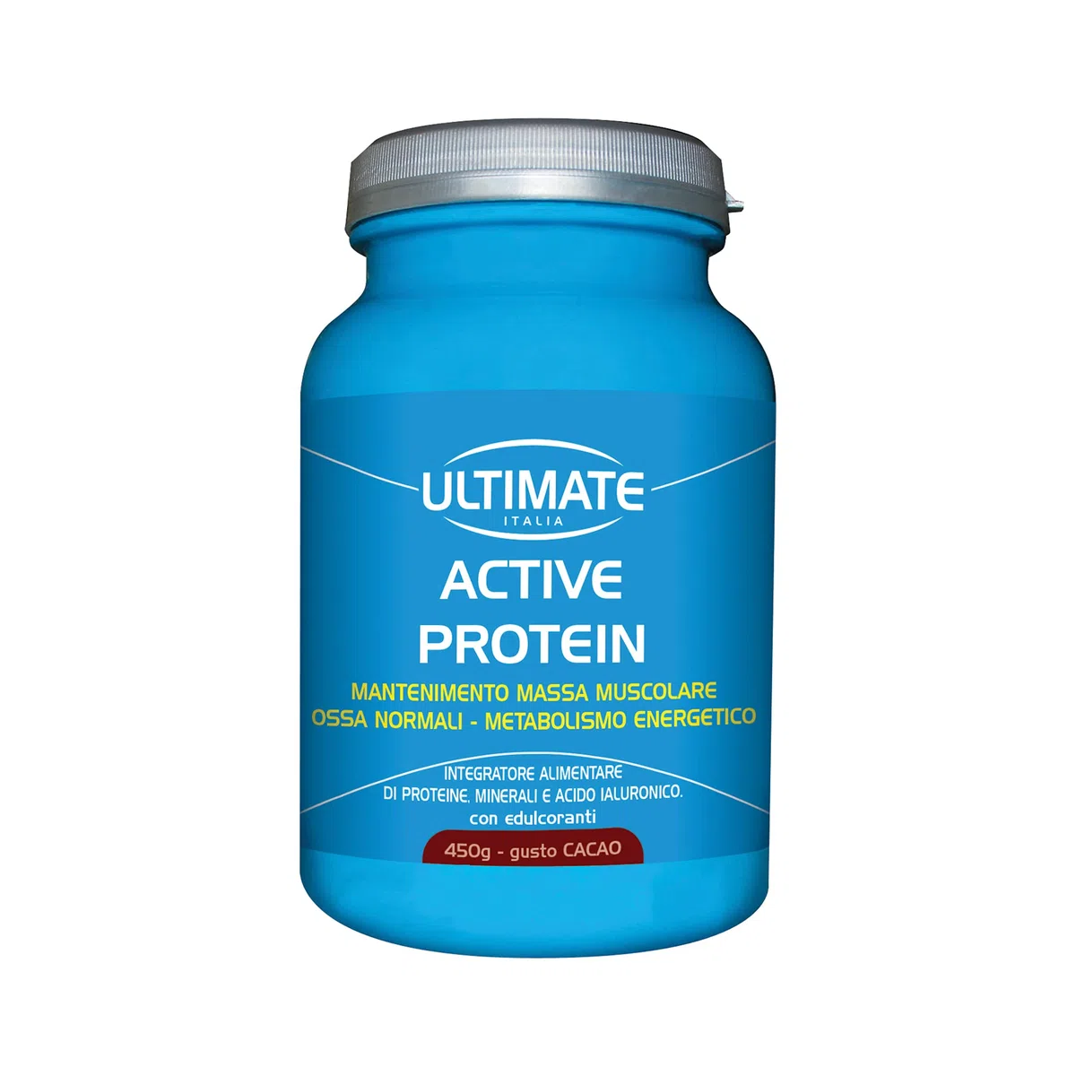Ultimate Italia - Active Protein - 450g - gusto cacao - integratore per over 50 - con proteine, acido ialuronico, vitamine e minerali, senza glutine e lattosio