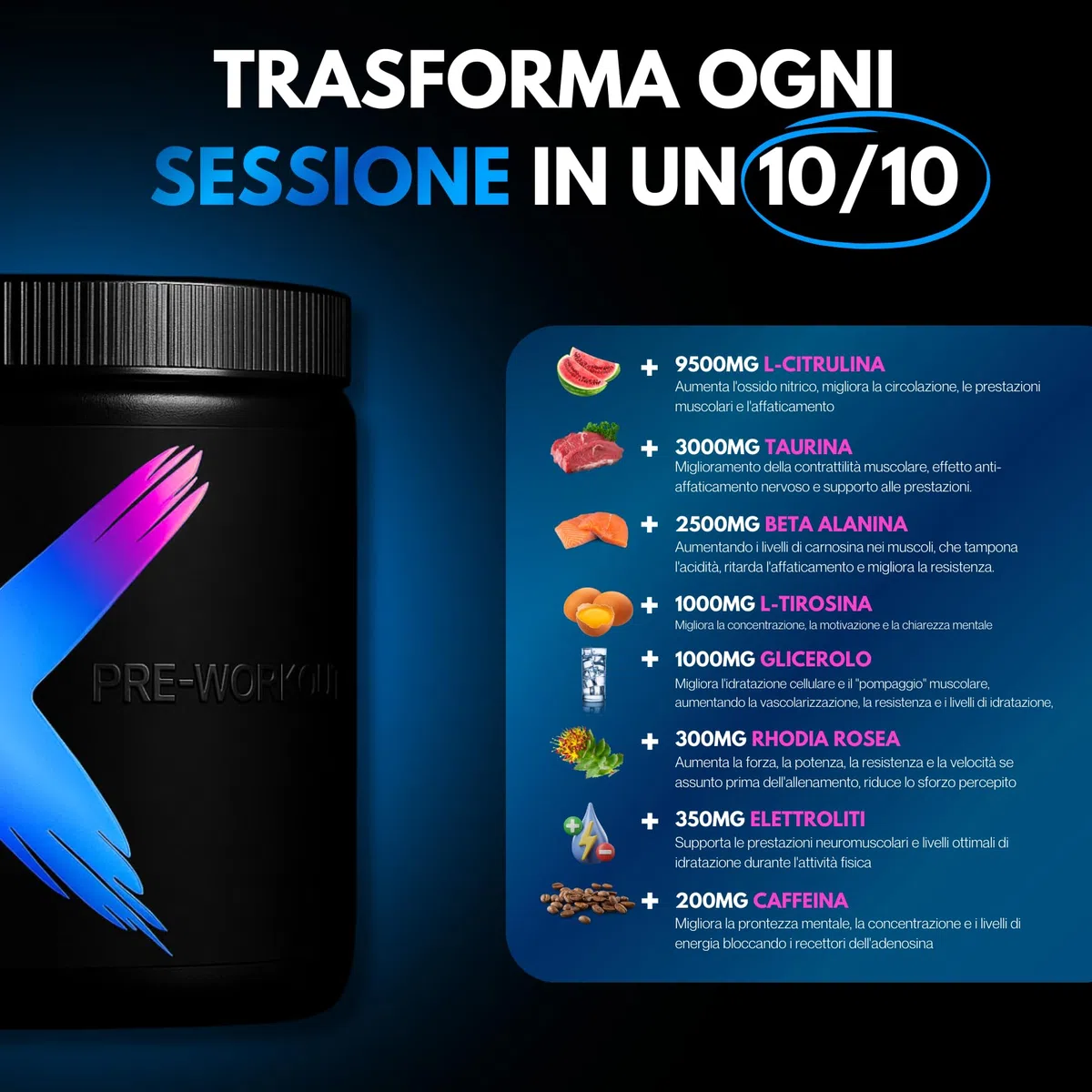 DIX PRE-WORKOUT pro | Energia | Pump | Focus | Elettrolita | L-citrullina | Beta-alanina | L-tirosina | Rhodiala Rosea | acido mallico (SECRET CANDY)