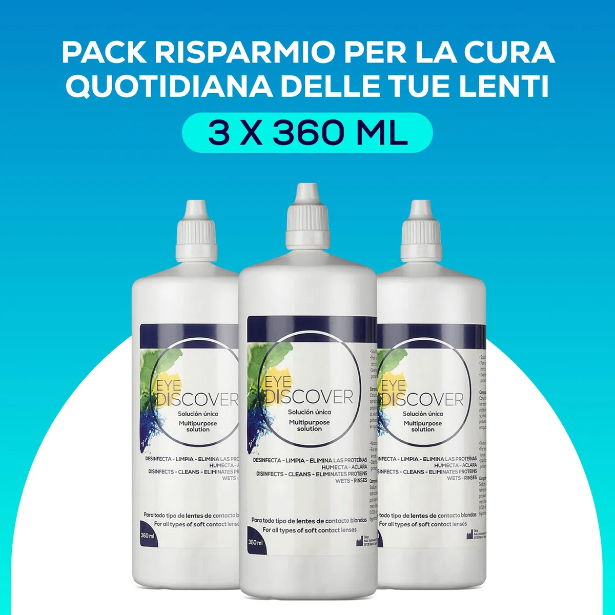 Soluzione unica per lenti a contatto morbide | 3 x 360 ml, 2 portalenti antimicrobici | Disinfetta, elimina proteine, idratazione | Comfort e manutenzione giornaliera