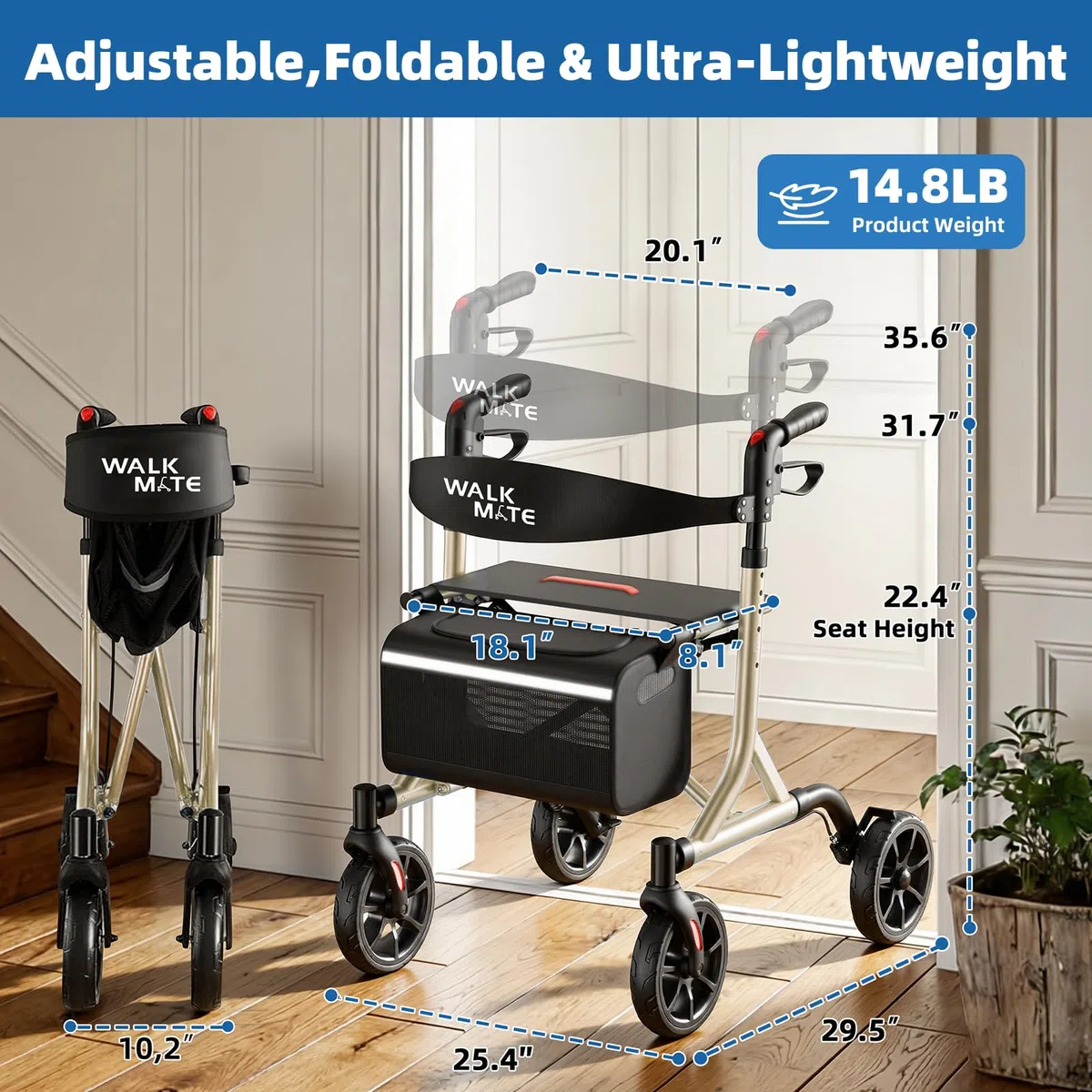 Walk Mate Deambulatore Rollator Pieghevole e Leggero con Seduta - Compatto per Spazi Ristretti, Regolazione Ergonomica dell'Altezza 150-190 cm, Ruote All-Terrain, Solo 6,7 kg