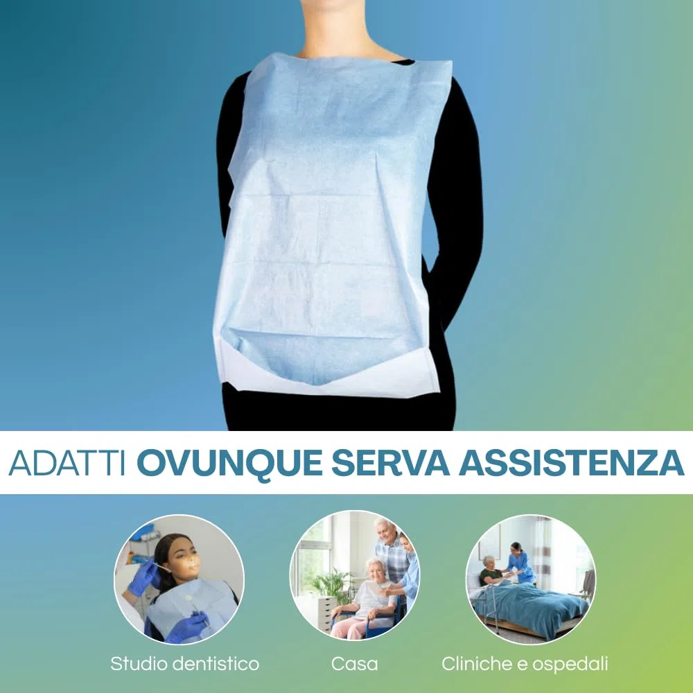 VIRSUS 300 Bavagli monouso impermeabili per Adulti e Anziani, misura 37x68 cm di colore azzurro, in polietilene e cellulosa con colletto anti-strappo rinforzato e tasca raccogli cibo
