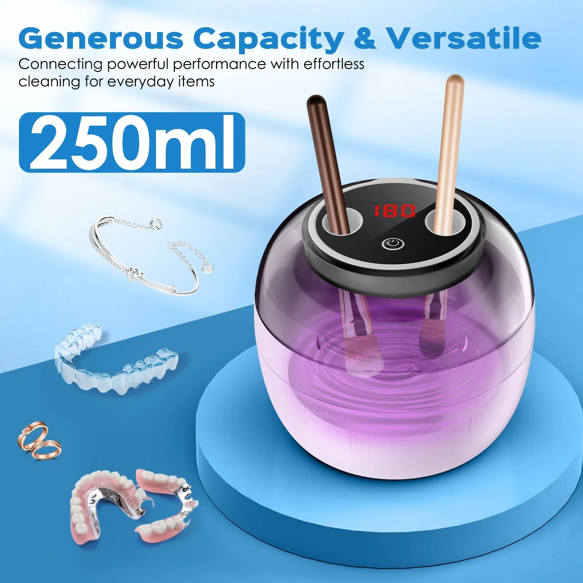 Pulitore Ultrasuoni 50000Hz Ultrasonic Cleaner, 250ML Pulizia Bite Dentale con 4 Luci Automatiche di Pulizia UV per Apparecchio Denti, Protesi Dentali, Maschere Denti, Gioielli