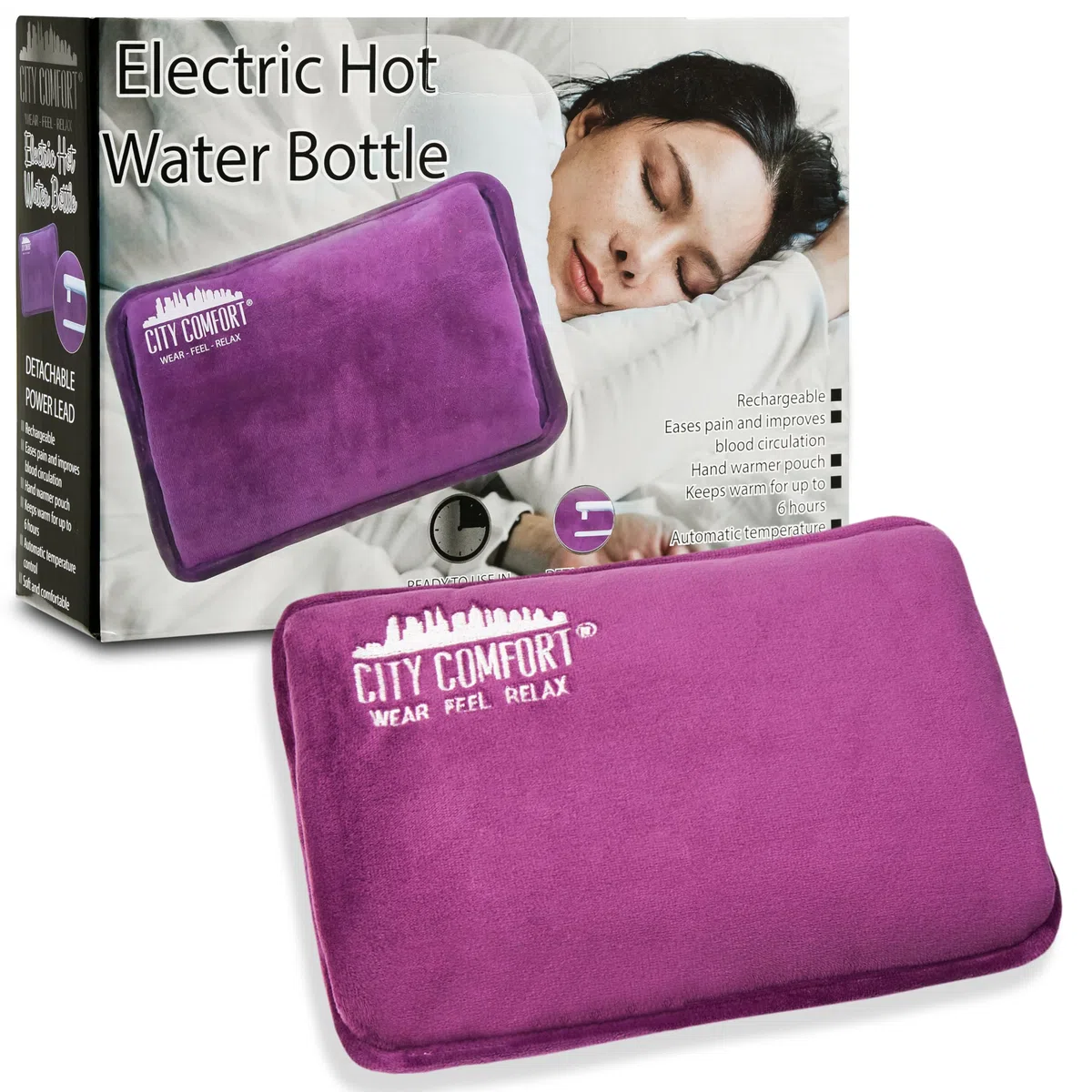 CityComfort Borsa Acqua Calda Elettrica Scaldino Elettrico Ricaricabile Morbida Copertura Boule Scaldamani Piedi Ciclo Relax Scaldotto Portatile (Viola)