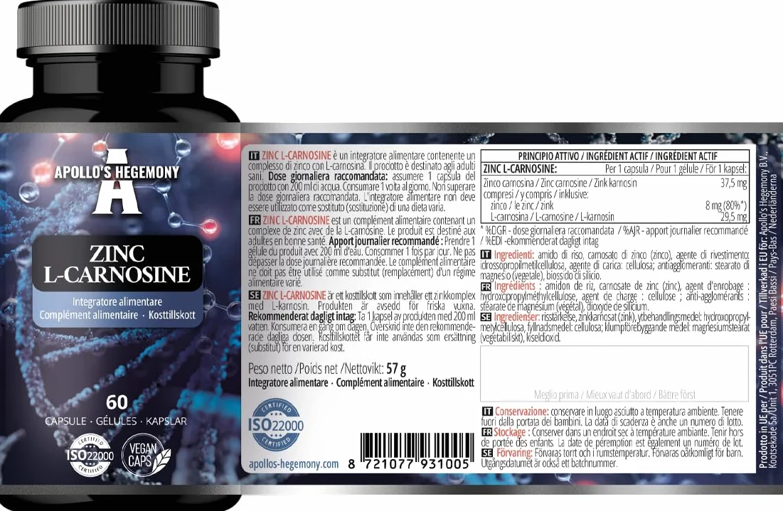 Zinco L-Carnosina 37,5 mg per capsula - 90 capsule vegane - 3 mesi di fornitura - Per la salute di pelle, capelli e unghie - Integratore da Apollo's Hegemony
