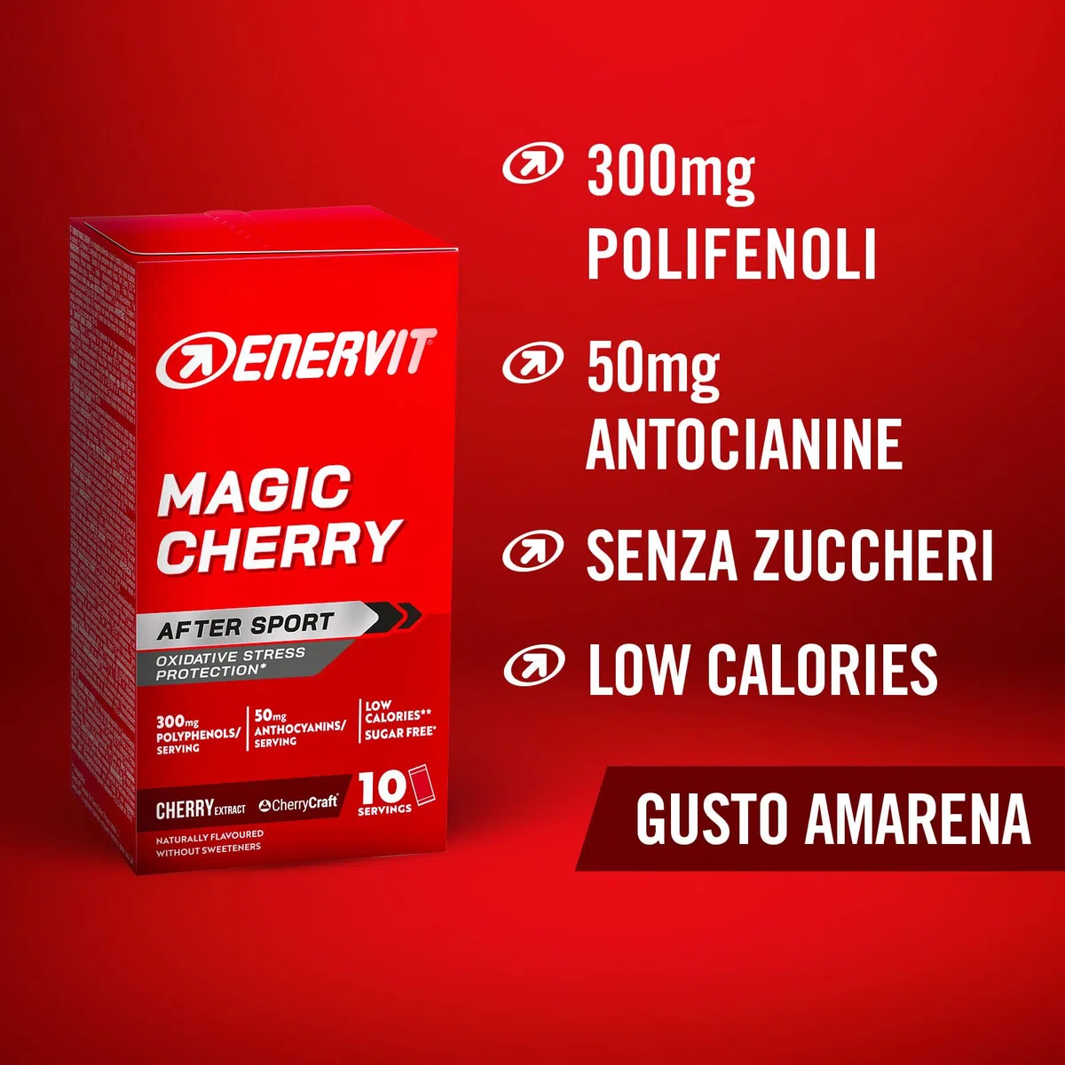 Enervit Magic Cherry, Integratore con Estratto di Amarena, Antiossidante, Ideale Dopo Sforzi Intensi, Per il Recupero Muscolare, 300 mg Polifenoli, 50 mg Antocianine, Sugar Free, Vegan, 10 Buste