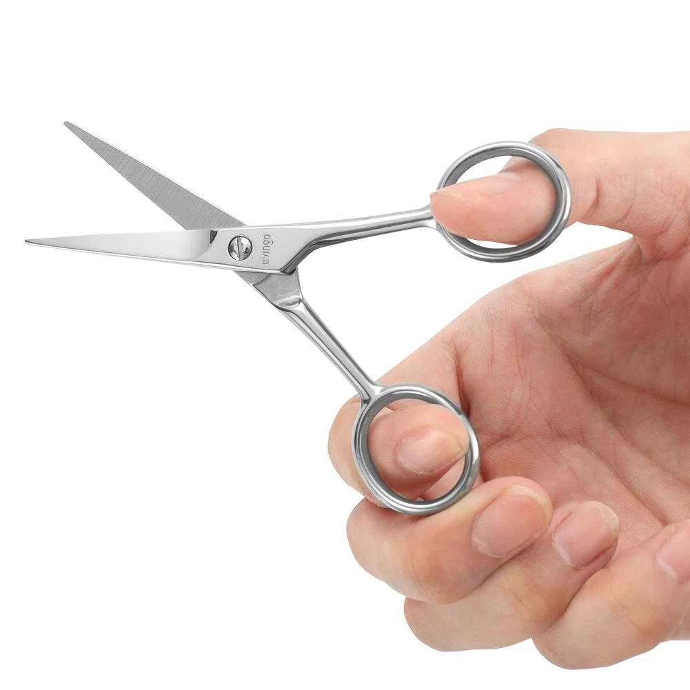 LIVINGO Forbici da Barba e Baffi da 4,5 cm, Professionale, Punta Arrotondata, in acciaio inox per la sicurezza, piccola bellezza del viso, naso, kit con mini pettine e custodia in pelle