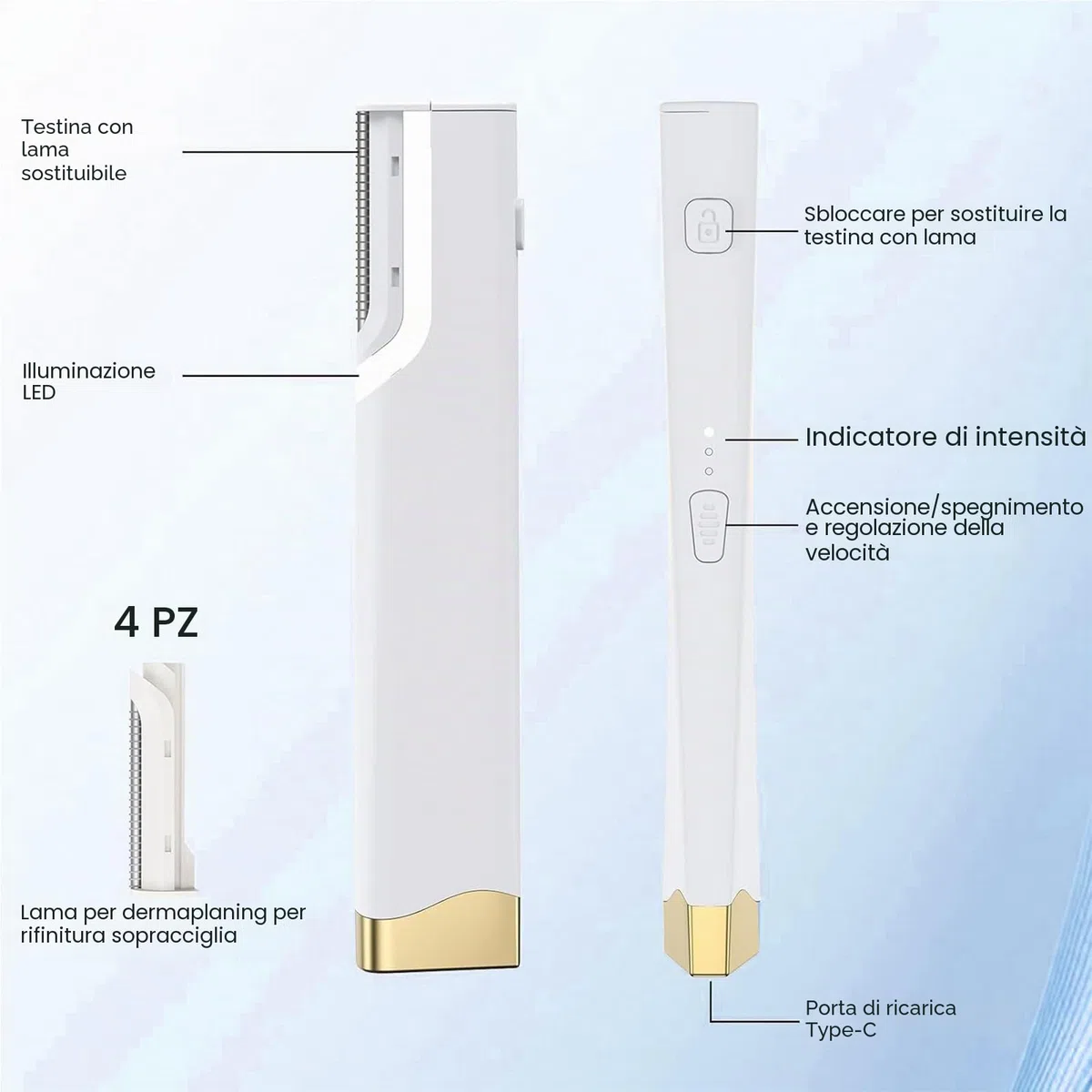 Rasoio Dermaplane Sonic，Rimozione Peli Viso 3 Velocità Ricaricabile per Donne con LED & 5 Lame di Ricambio - Rimozione Gentile Lanugine Pesca & Esfoliazione, Ricarica USB