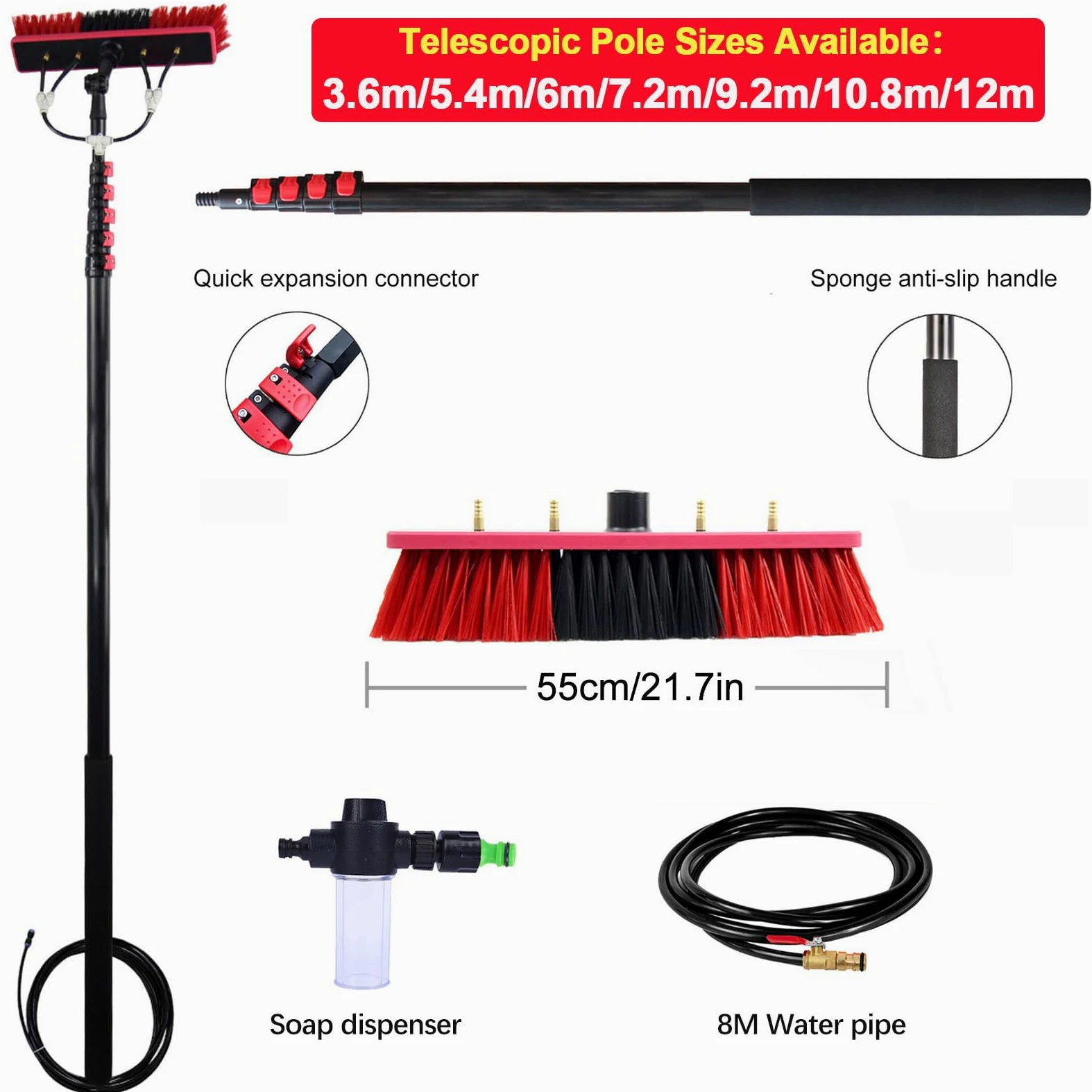 Cepillo de Limpieza telescóo de 3,6 m a 12 m Hydro Cleaner con dispensador de jabón Ideal para Paneles solares, Ventanas, techos, Cames y automóviles - Cepillo de 55 cm Accio