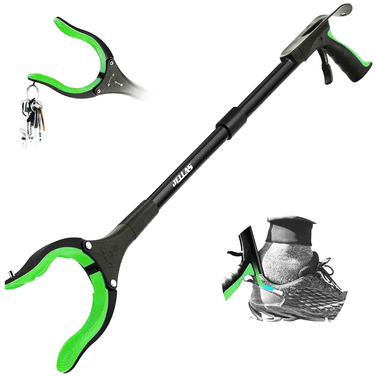 Jellas Pinza Telescopica, 80 cm Pinza Telescopica Pieghevole, Pinza Prensile, Raccoglitore di Immondizia, Pinza Morsetto in Gomma (Verde)