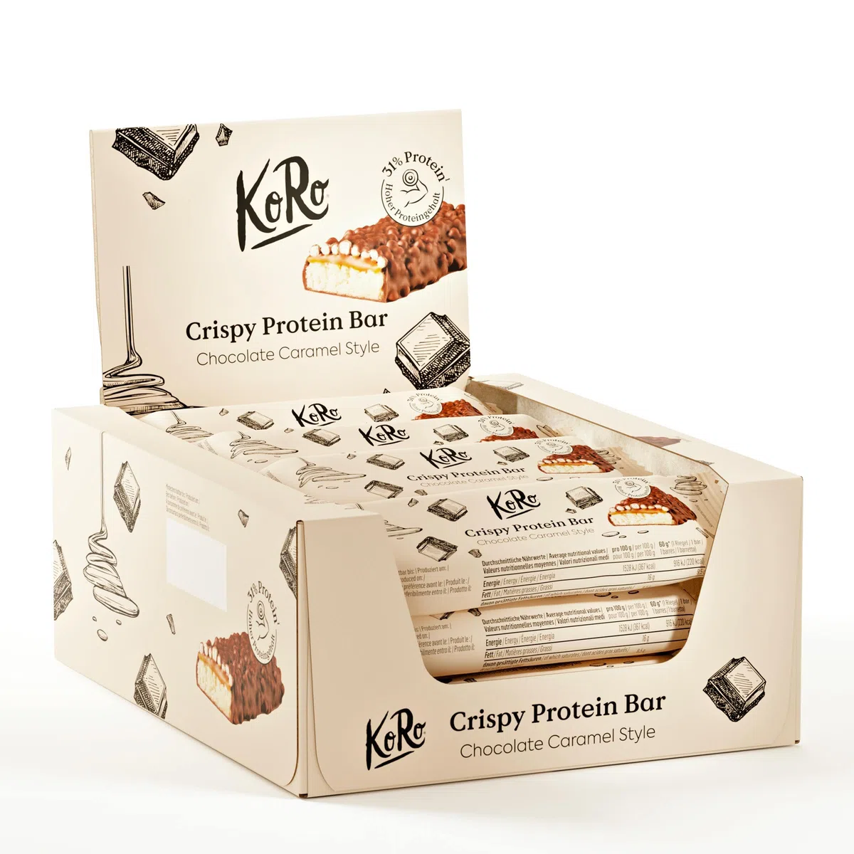 KoRo - Barretta proteica crunchy al cioccolato e caramello | 60 g - Alto contenuto proteico - Senza zuccheri aggiunti* - con cuore al caramello