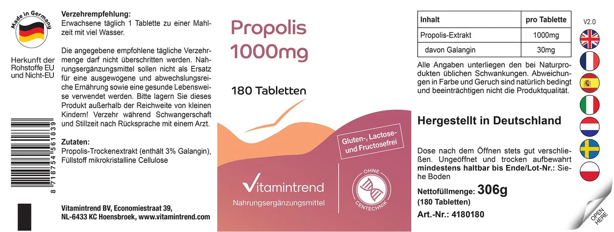 Vitamintrend Estratto di propoli 1000 mg, 180 compresse, ad alto dosaggio, integratore alimentare senza magnesio stearato, prodotto in Germania
