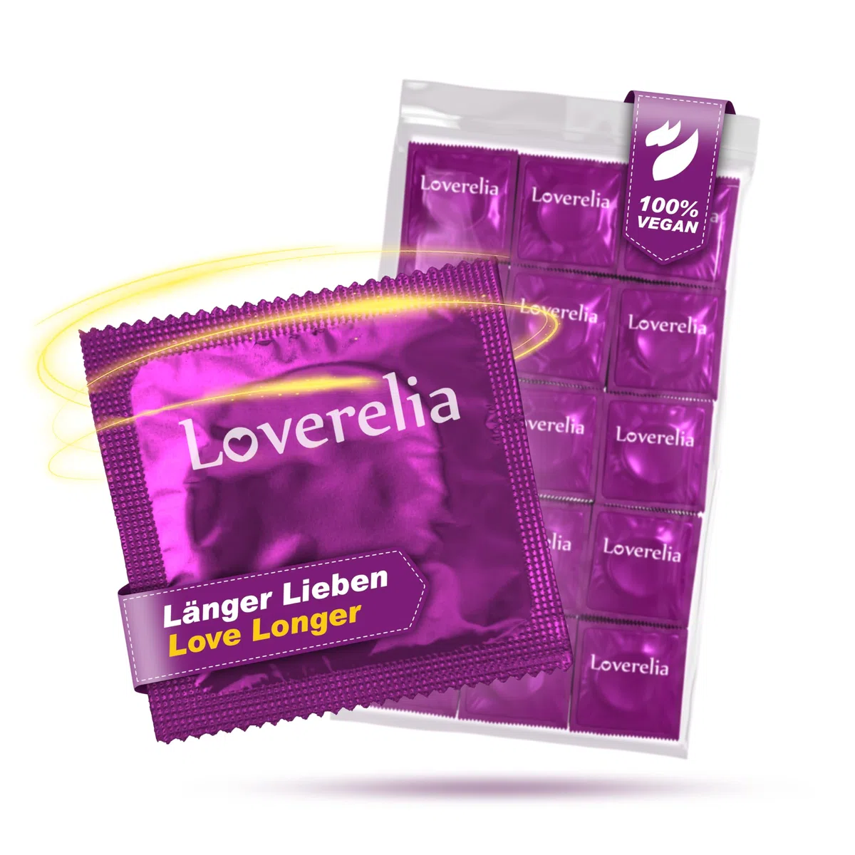 Preservativi Loverelia "Longer Love"-​​forma sagomata-per prolungare il rapporto sessuale e aumentare il desiderio-lattice di gomma naturale-vegano-reale al tatto-confezione da 100 (2 x 50 pezzi)