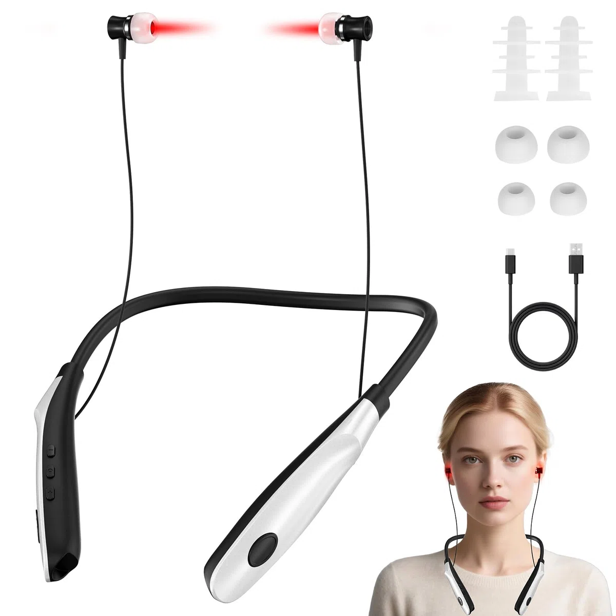 Tappi orecchie a infrarossi per acufene 2 in 1,650 nm luce rossa acufene auricolari per ridurre acufeni,set di Tappi a infrarossi per orecchie e naso(non calore)