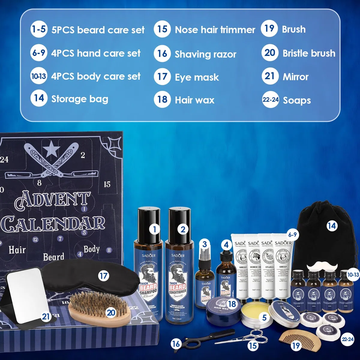 Calendario dell'Avvento 2025 per Uomo, 24pcs Premium per la cura della Barba, Calendario Natalizio per la cura Della Barba, Corpo, Viso, Barba e Capelli, Regali di Natale per Uomo Papà Nonno Marito