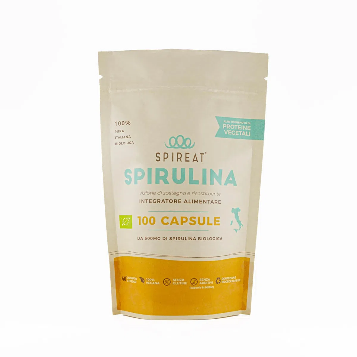 Capsule di Spirulina Pura - Italiana e Biologica - 100 capsule per confezione - 0,5 g per capsula - rilascio immediato, senza sapore, ricca di vitamine, proteine e sali minerali