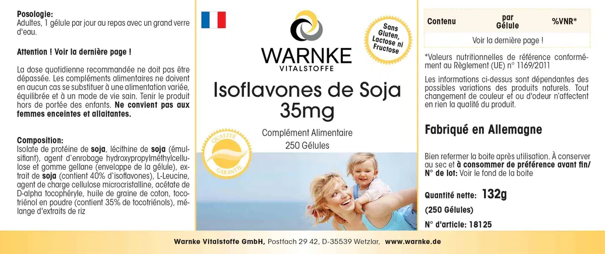 Isoflavoni di soia 35mg - Per la menopausa - 250 Capsule - Con vitamina E | Warnke Vitalstoffe - Qualità da farmacia tedesca