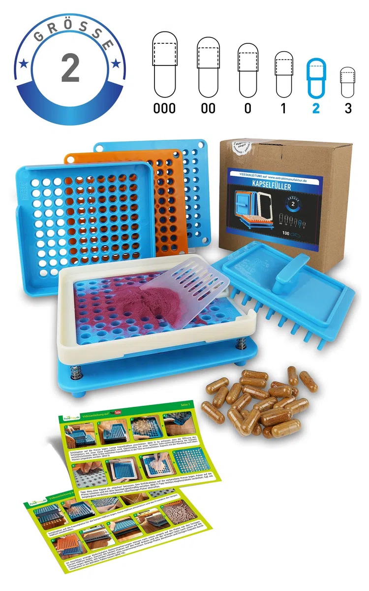 Riempitivo capsule misura 2 – Spazio per 100 capsule – con istruzioni in tedesco + video – capsule filler machine – capsule vuote da riempire manualmente (misura 2)