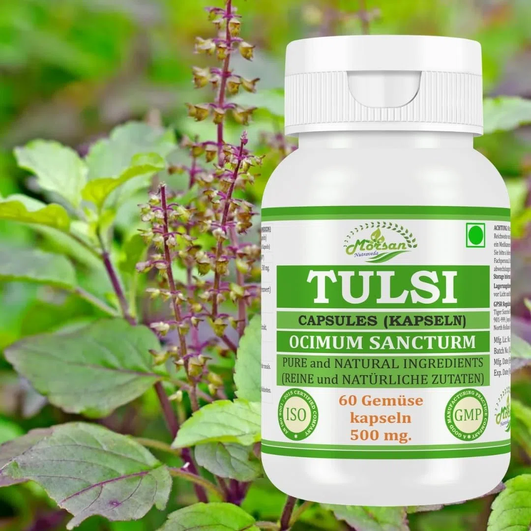 Capsule Tulsi 500 mg. 60 vegani. Unità | Capsule di estratto di basil (Ocimum sanctum) per uomini e donne | Integratore a base di erbe ayurvediche/rimedio | 10:1 amido (2 bottiglia da 60 capsule)