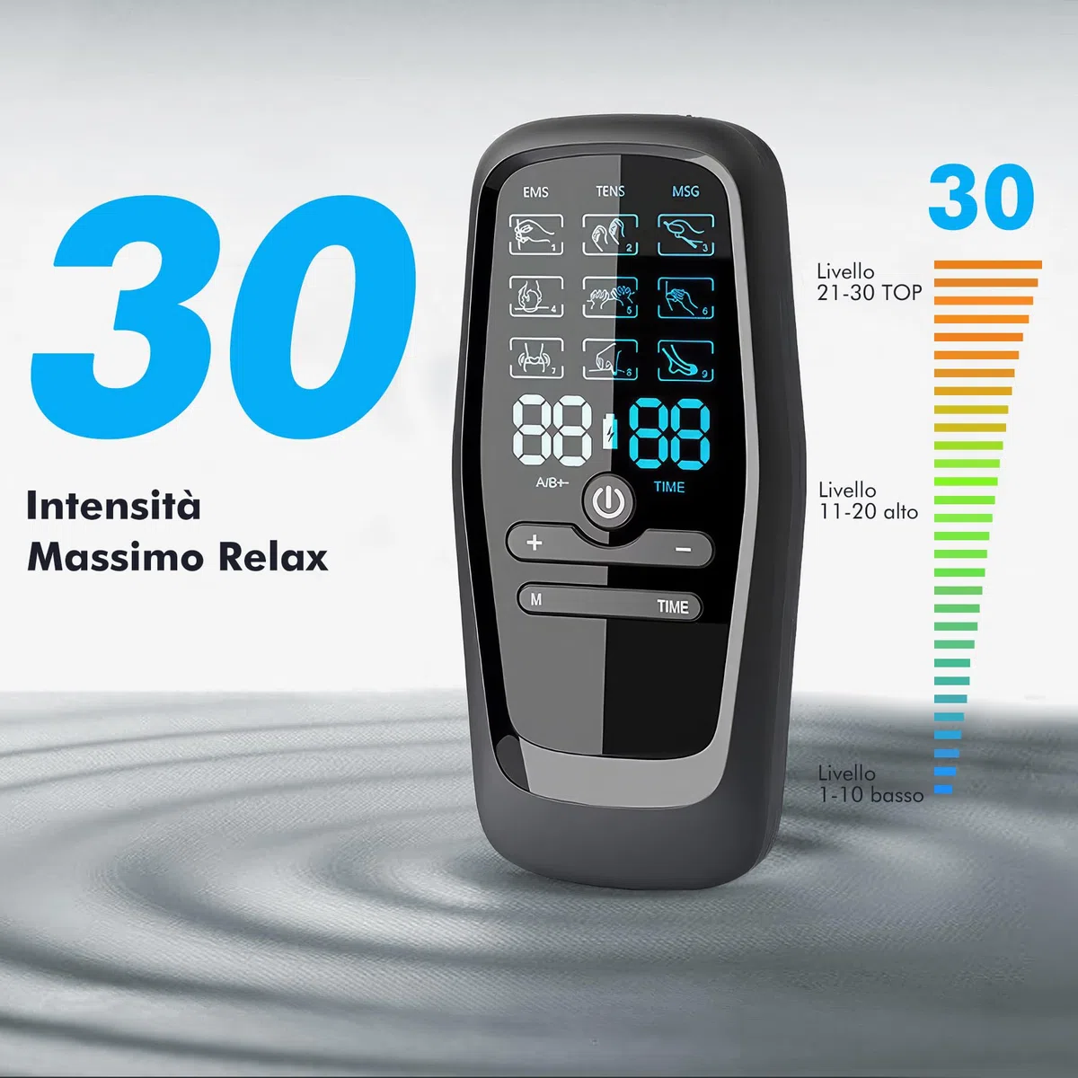 Elettrostimolatore Muscolare, 3 in 1 TENS/EMS/Massage Elettrostimolatore Professionale, Con 27 modalità e 30 intensità, 2 Channels 8 elettrodi