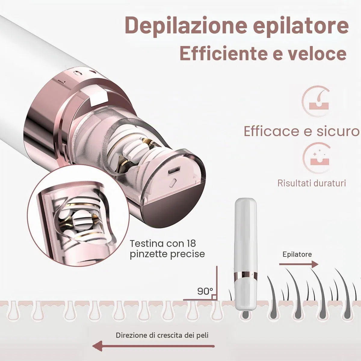 Epilatore per il viso da donna, a batteria, per la rimozione dei peli del viso, braccia, luce LED, per la depilazione viso da donna, testa placcata in oro 18 carati, per tutte le età
