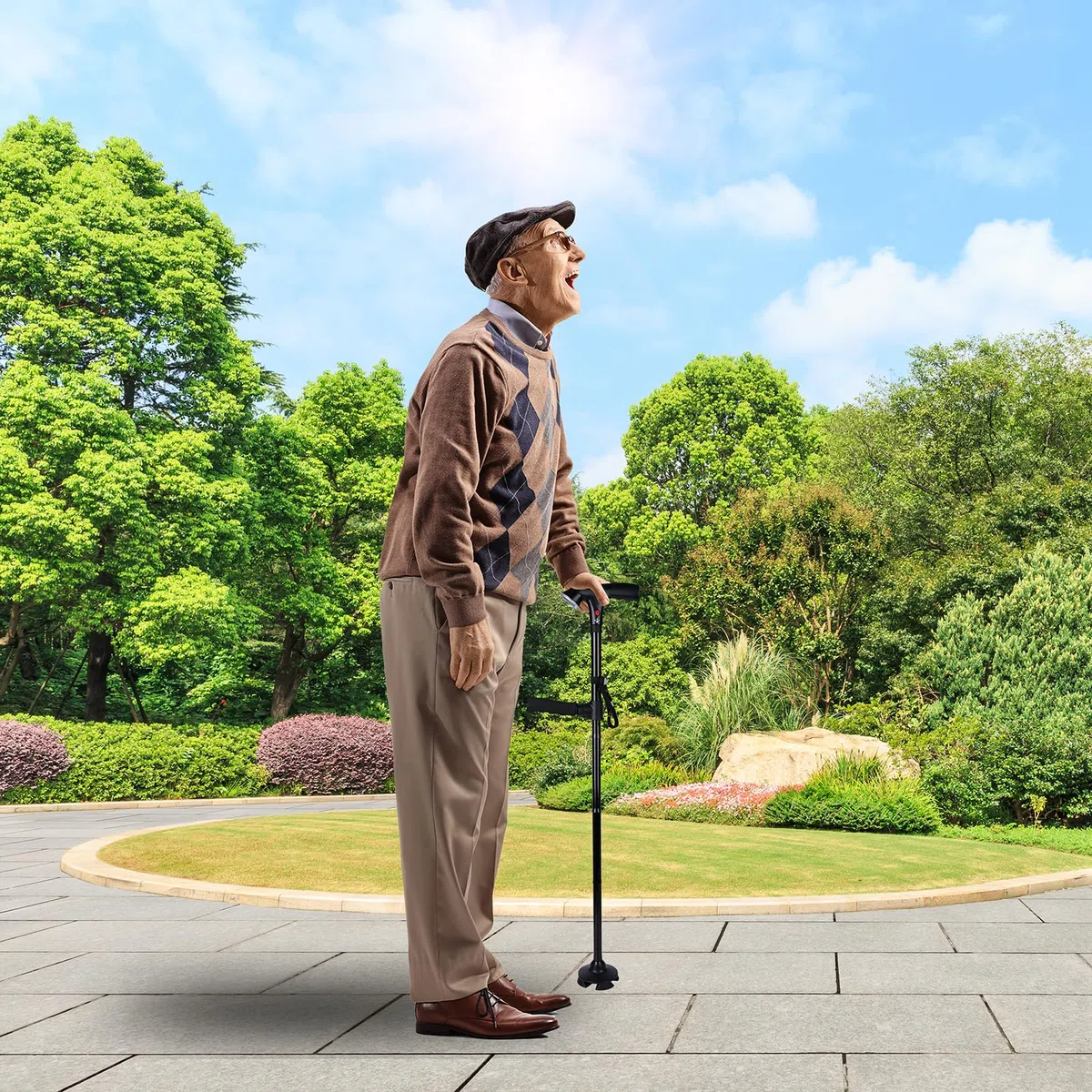 Folding Cane with Led Light and Alarm, Adjustable armrest Cane and Walking Stick, Suitable for The Elderly with buffered T Handle and Pivoting Quad Base for Hiking Mountain Climbing Backpacker