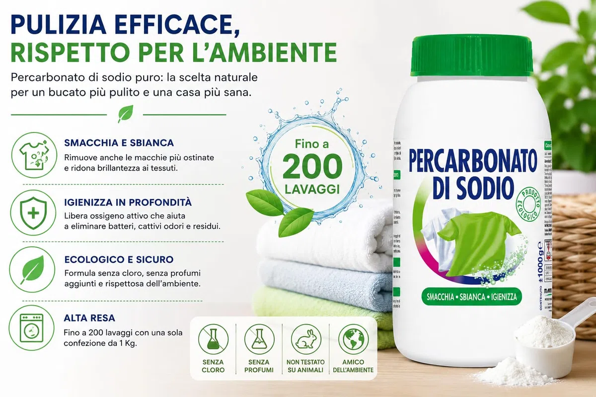 Percarbonato di Sodio Puro 1 Kg – Smacchiante, Sbiancante e Igienizzante Ecologico per Bucato e Pulizia – Fino a 200 Lavaggi