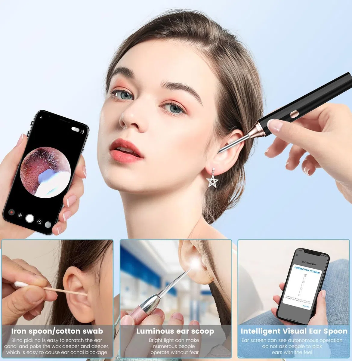 Otoscopio Rimozione di Cerume con Telecamera 1080P Impermeabile Endoscopio con 6 Luci LED Pulisci Orecchie per iPhone iPad e Android Nero