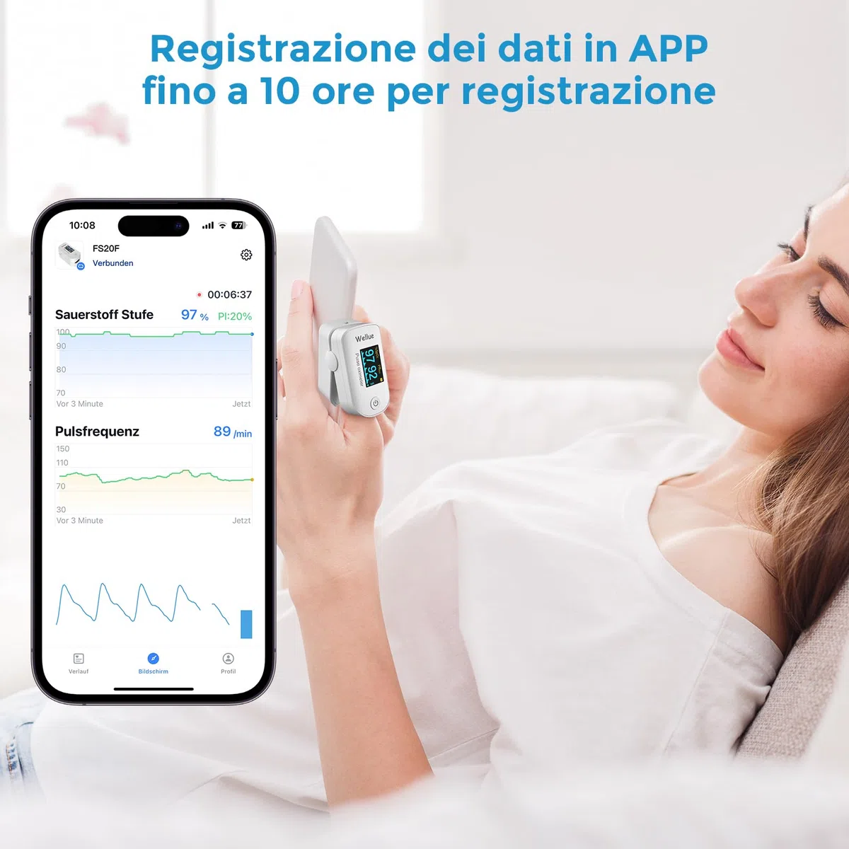 Pulsossimetro Bluetooth, Ossimetri Monitor della Saturazione di Ossigeno, Monitor della Saturazione di Ossigeno per Dito, per Livello Sp02 e Frequenza Cardiaca, Portatile con APP, Bianco
