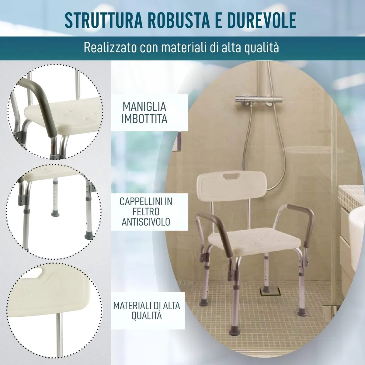 OrtoPrime Sedia da Doccia per Anziani con Schienale Rimovibile – Seggiolino Doccia Antiscivolo Regolabile in 6 Altezze – Sedile per Doccia Anziani e Disabili con Braccioli Imbottiti