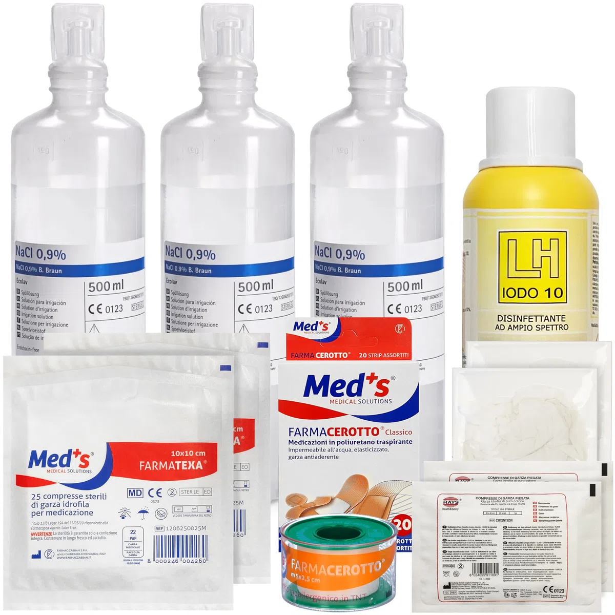 KIT BASE per reintegro ALLEGATO 1 parziale, pacco di medicazione per cassette di Pronto soccorso, Armadietto aziende più 3 dipendenti