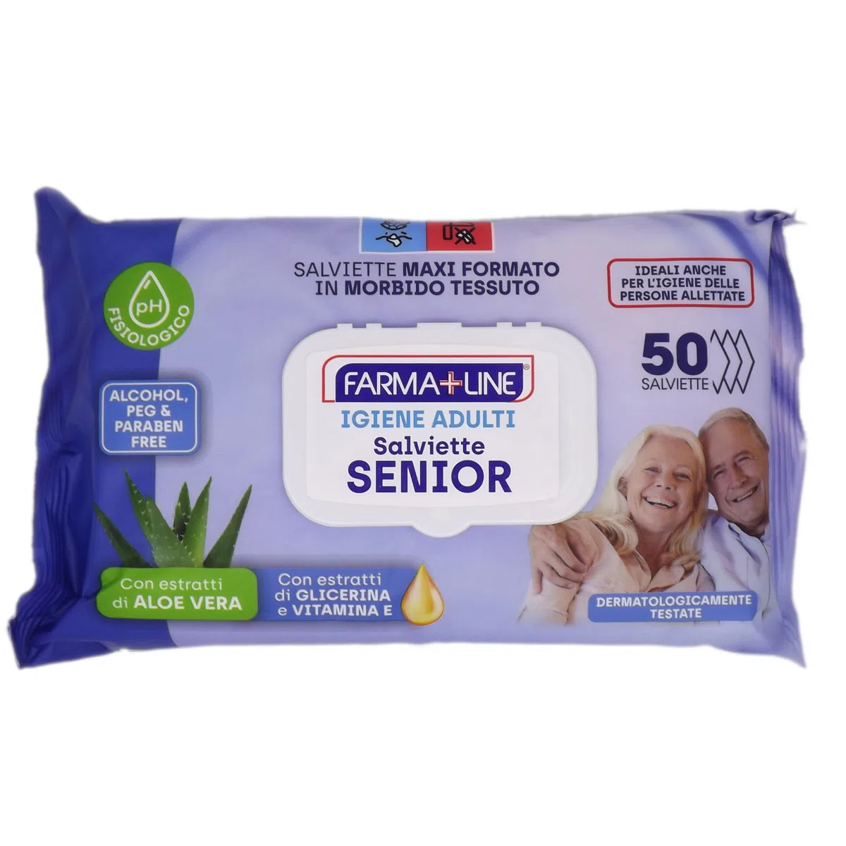 Salviette Senior Igiene Adulti Maxi 20 x 28 cm, 400 pz (8 confezioni da 50 salviette) Aloe Vera, Glicerina e Vitamina E, Senza Alcool, pH Fisiologico