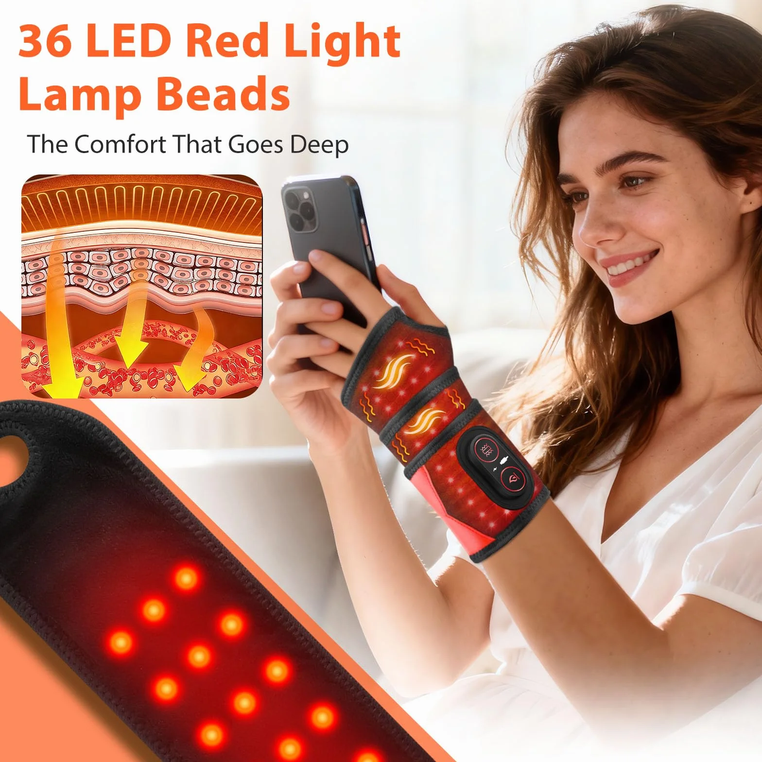 Fascia Riscaldante Per Polso Senza Fili Con Vibrazione, Tutore Riscaldante Per Polso Portatile Con Luce Rossa 660nm, 3 Livelli Riscaldamento, 3 Modalità Vibrazione E Batteria 3000mAh, Lunghezza 69cm