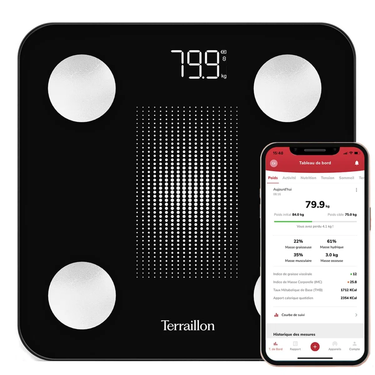 TERRAILLON - WEIGHT CONNECT - Bilancia Intelligente Bluetooth, analisi delle masse grassa, muscolare, idrica e ossea, BMI, capacità 180 kg, gradazione 50 g, schermo LED, vassoio vetro, nero
