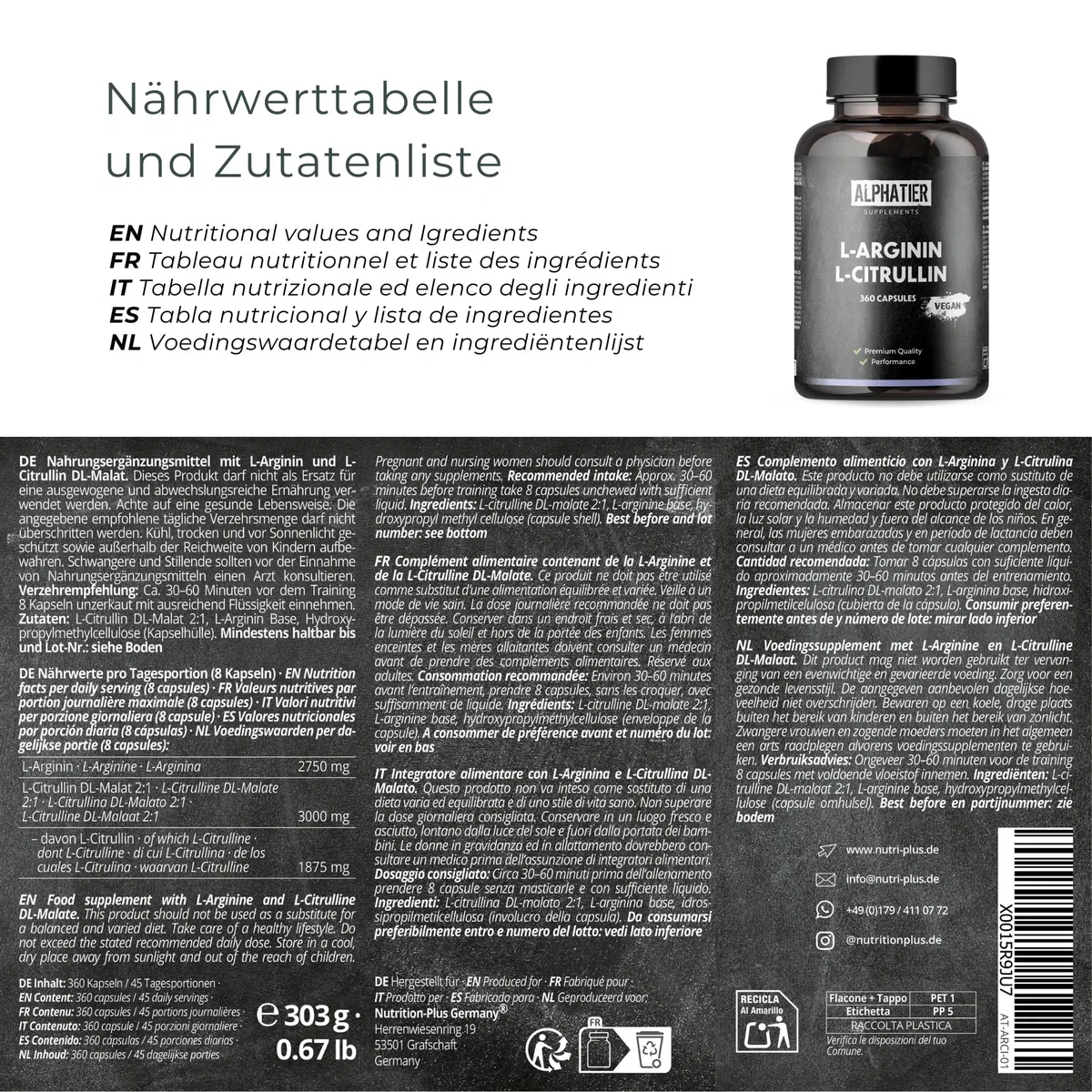 Alphatier Capsule L-Arginina L-Citrullina Alto Dosaggio - 360 Pillole Vegane - 3000mg di Citrullina Malato + Arginina Base per Porzione - Qualità Premium Senza Magnesio Stearato + Additivi