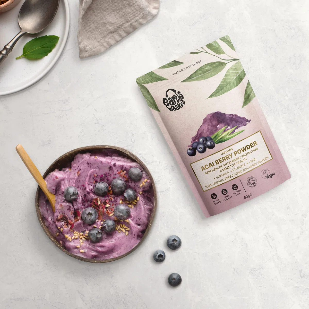Earth's Basket, polvere di bacche di acai biologiche, precatori di Euterpe liofilizzati, 100% biologica pura e certificata, super alimento antiossidante (100 g)