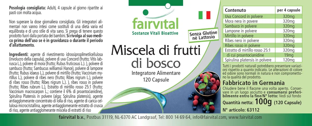 fairvital Mix di bacche, 120 capsule, capsule antiossidanti, ALTO DOSAGGIO, VEGANO, 8 bacche con spirulina