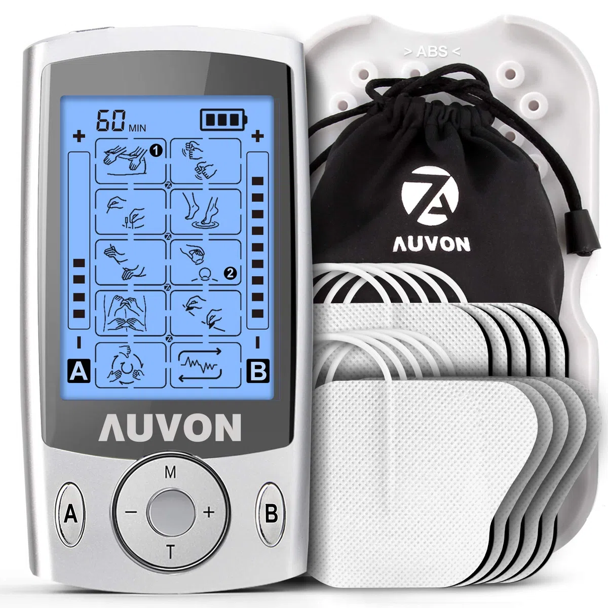 AUVON Elettrostimolatore Muscolare, TENS Elettrostimolatore a Doppio Canale con 20 Modalità e 10 pezzi di Elettrodi TENS con Design Brevettato per Alleviare il Dolore a Schiena, Collo e Spalle