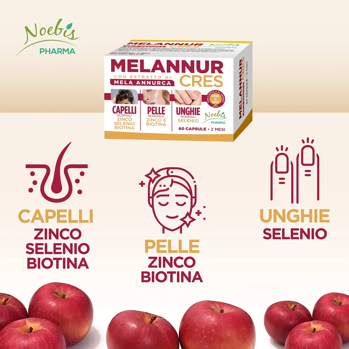 MelannurCres – Elisir per i Capelli – 60 Capsule – con Estratto di Mela Annurca Zinco Rame Selenio Biotina Astaxantina