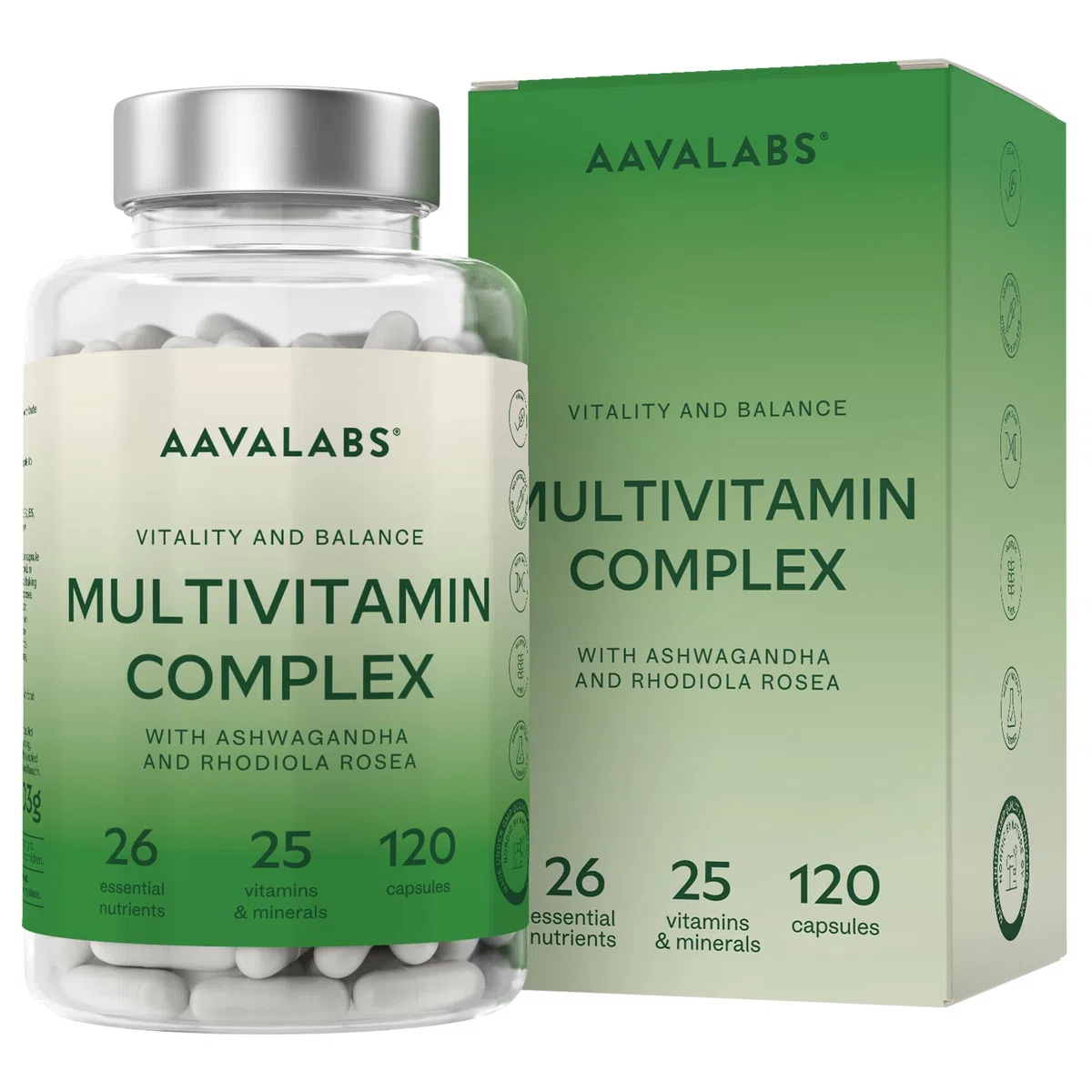 Multivitaminico Completo 25 Vitamine e Minerali Ashwagandha Rhodiola Rosea, Integratore Multivitaminico Donna Uomo Difese Immunitarie Adulti Vitamina D Vitamina C Zinco Magnesio e Potassio -120Capsule