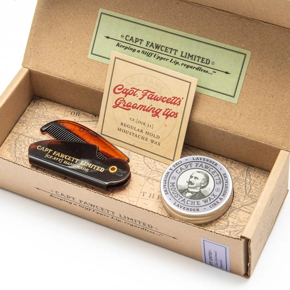 Captain Fawcett's Moustache Wax (Lavender Scent) & Folding Pocket Moustache Comb (CF.87T) Gift Set - Made in England by Captain Fawcett
