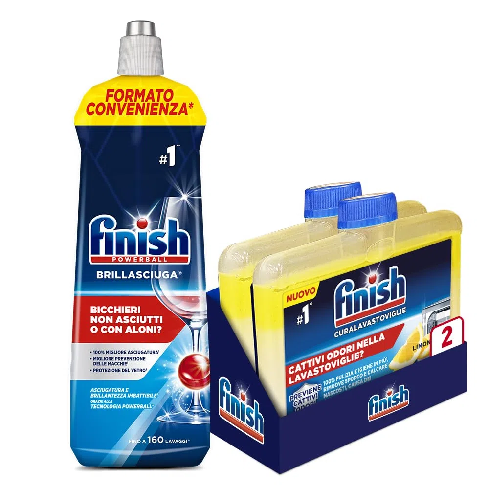 Finish Kit Additivi: 1 Confezione da 800 ml di Brillantante Lavastoviglie, Additivo Lavastoviglie per Stoviglie Splendenti e Asciutte, e 2 Confezioni da 250 ml di Cura Lavastoviglie al Limone