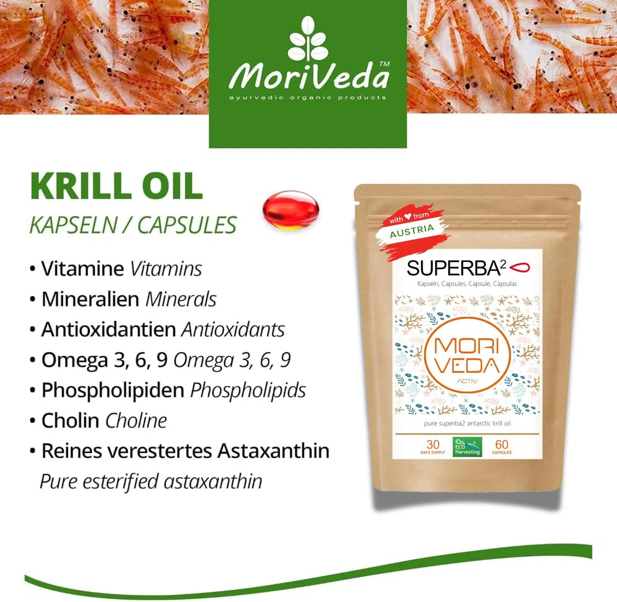 MoriVeda Olio di krill Superba Premium, capsule softgel, con rivoluzionario olio Omega 3, astaxantina esterificata, antiossidanti e vitamine, certificato MSC e sostenibile, 180 pezzi