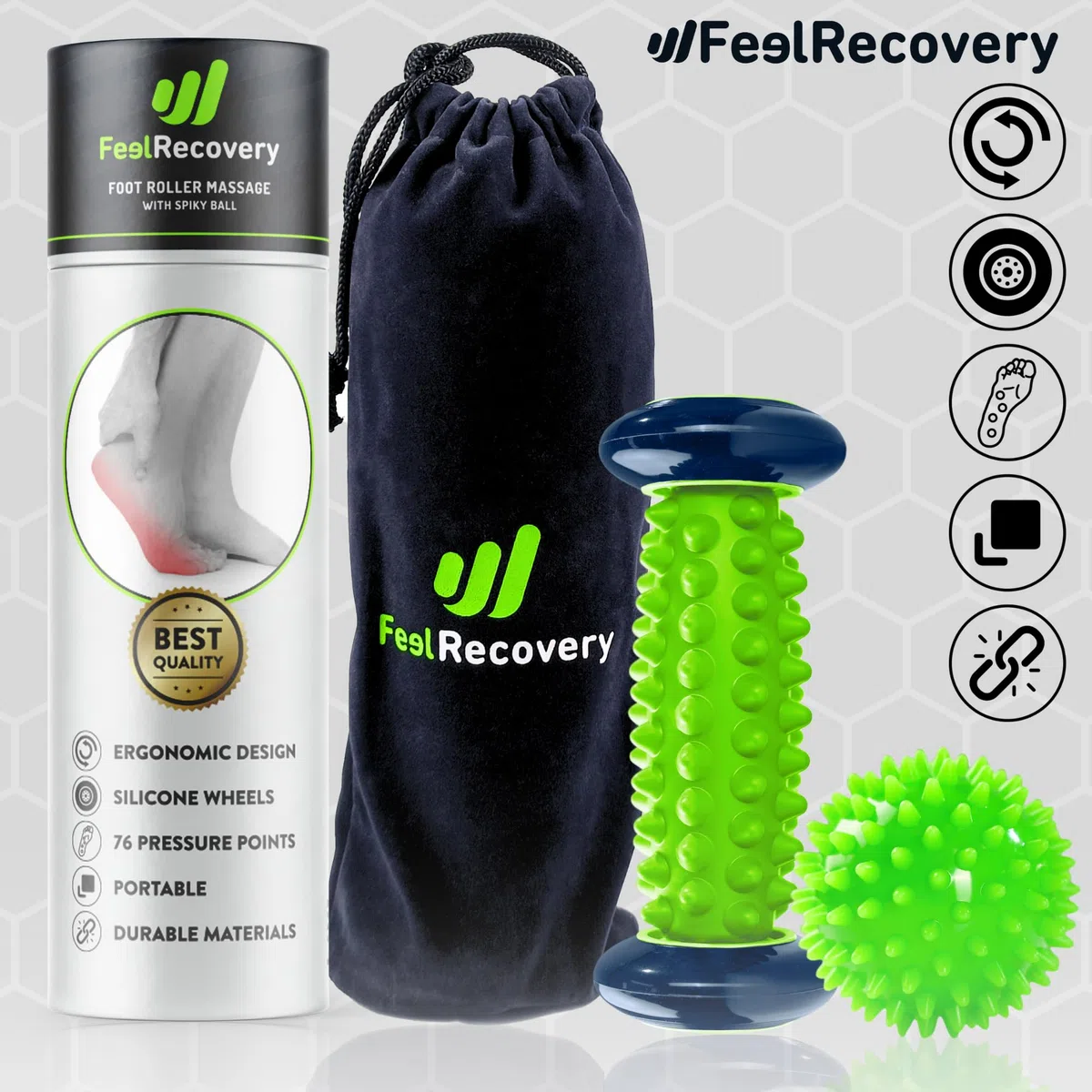 Set Rullo Massaggiatore Piedi per Fascite Plantare + Pallina a Riccio per Massaggio di Riflessologia Muscolare - Kit Agopressione per Dolore Piede, Schiena, Gambe & Cellulite (Verde)