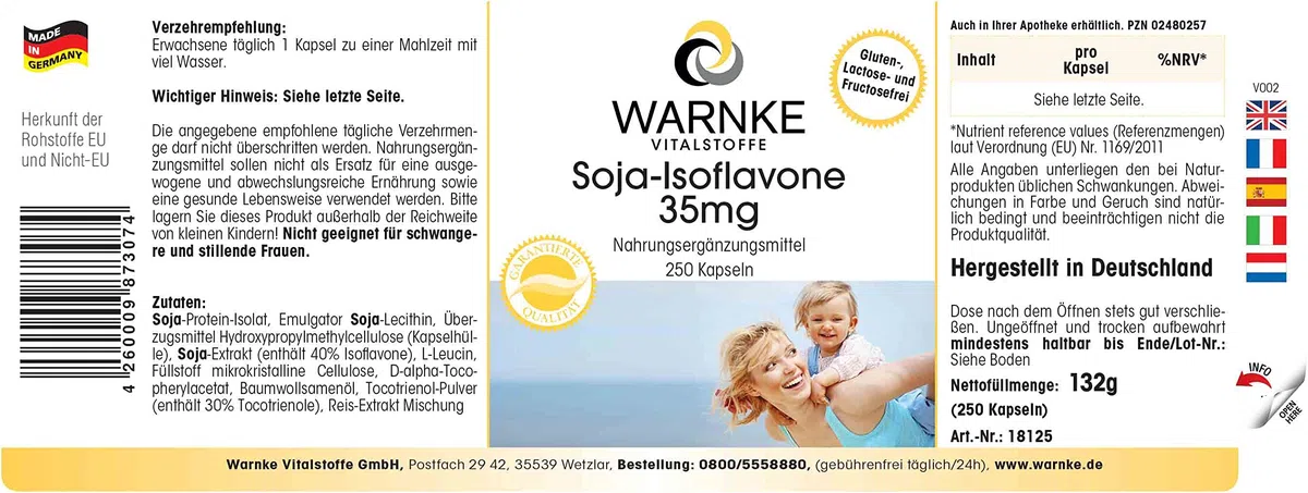 Isoflavoni di soia 35mg - Per la menopausa - 250 Capsule - Con vitamina E | Warnke Vitalstoffe - Qualità da farmacia tedesca