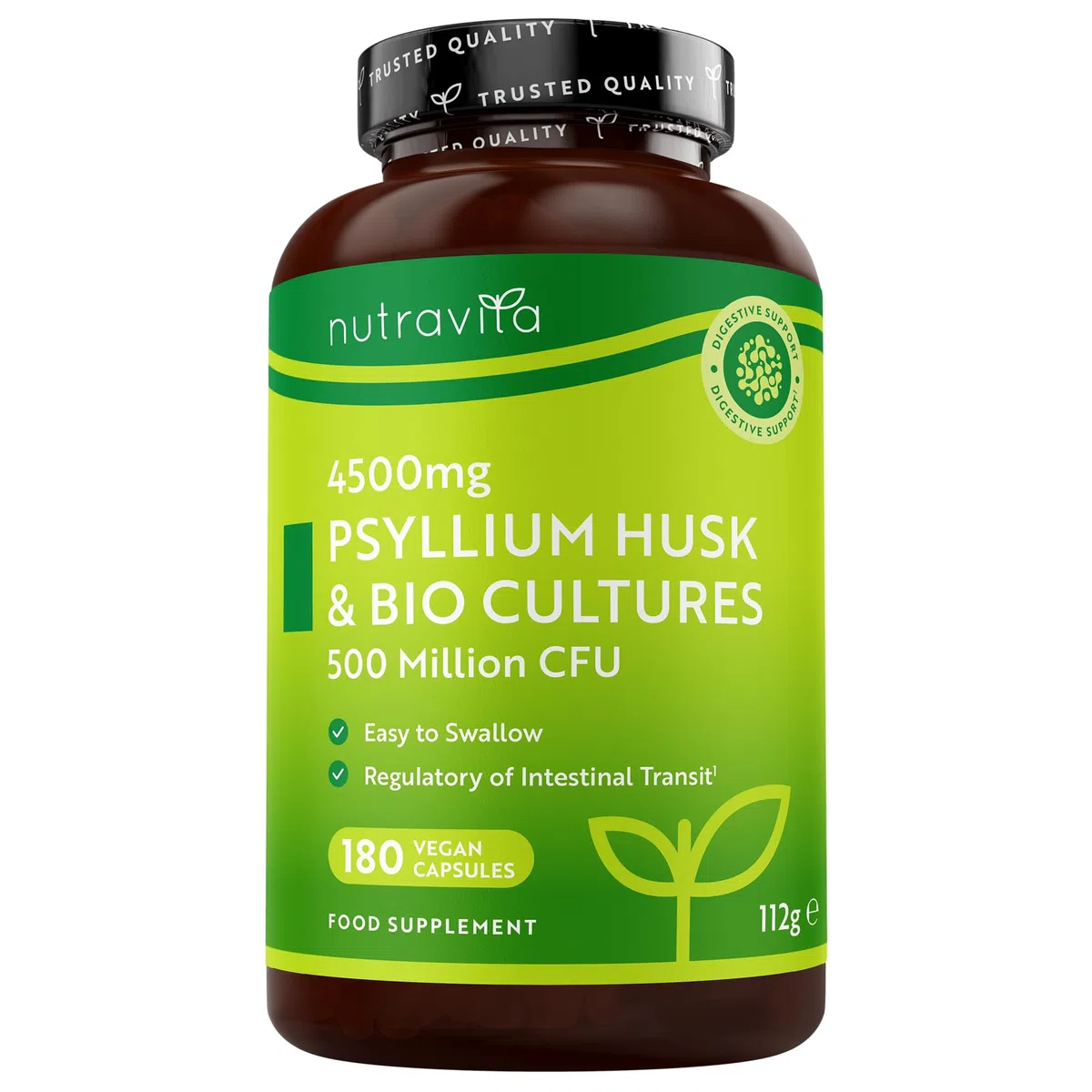 Nutravita Psyllium Husk 4500mg Vegan con 500 Milioni di CFU, Psyllium Husk Vegano, 180 Geluli di Bucce di Psillio - Integratore Alimentare Transito Intestinale (EFSA) Alternativa a Psyllium Polvere