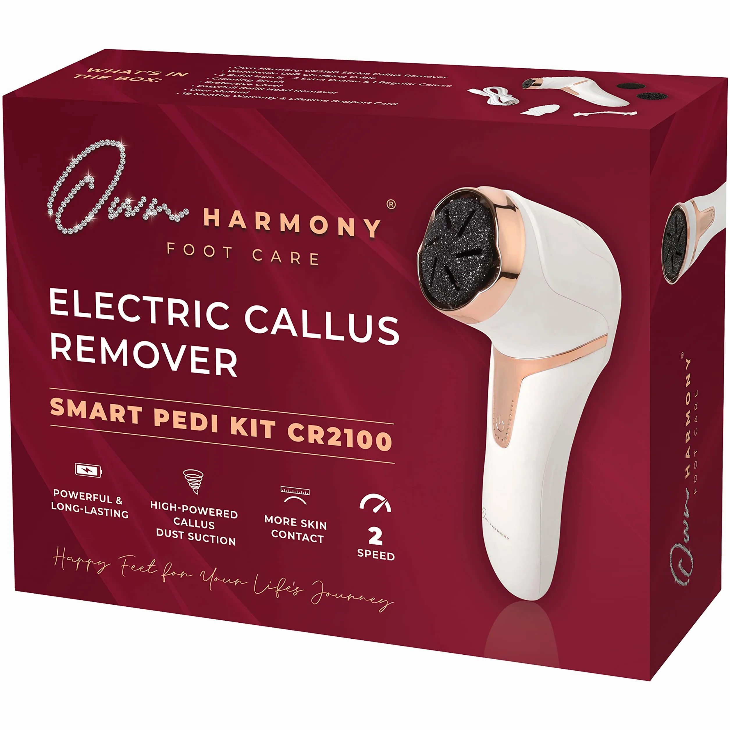 Own Harmony Roll Pedicure Elettrico Ricaricabile CR2100 - Cura dei Piedi Attrezzi Professionale per Talloni Screpolati e Pelle Secca - Potente Lima Elettrica per Calli e Duroni con 3 Rulli (Cavo USB)