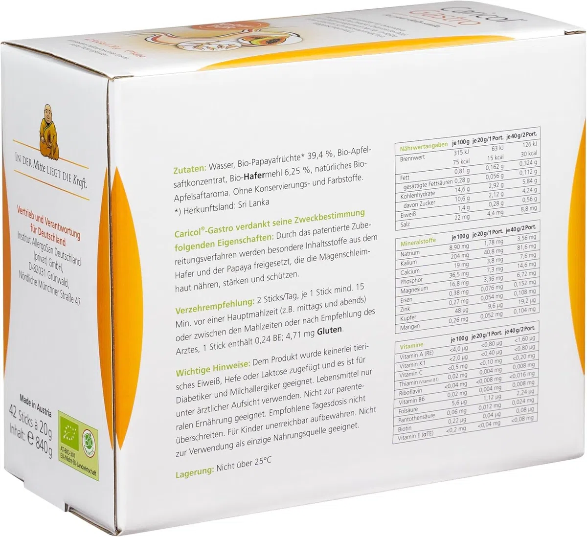 Caricol Gastro | 100% prodotto naturale | Supporto per la mucosa gastrica | Con il potere di Papaya & Biotina | Con papaina | 42 bastoncini da 20 g (840 g)