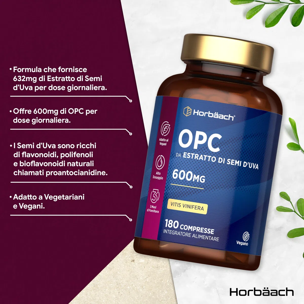 OPC Integratore | 180 Compresse Vegane | Proantocianidina Oligomerica 95% | 600mg di OPC Estratto di Semi d'Uva | Alto Dosaggio | Grapeseed Extract | di Horbaach