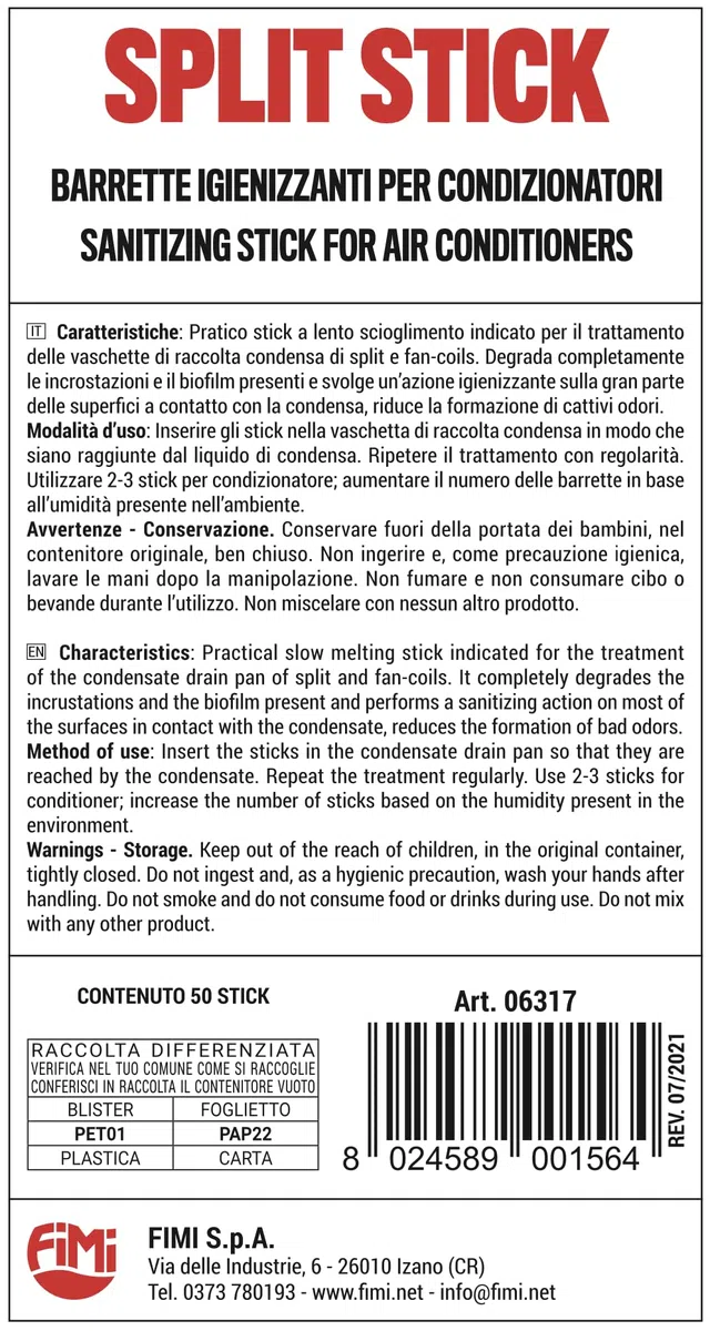 Split Stick FIMI, Barrette igienizzanti per vaschette di scarico condensa, 50 Stick
